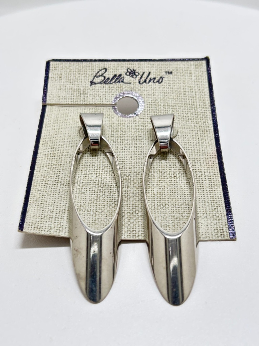 Bella Uno, Silver Oval Long Dangly Earrings, Studs, NOC